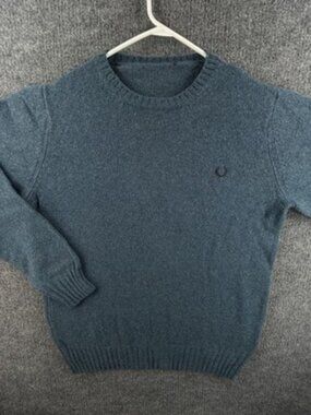 Fred Perry Shetland Italy Sweater Logo Crew Neck Blue Large Pullover Wool Knit